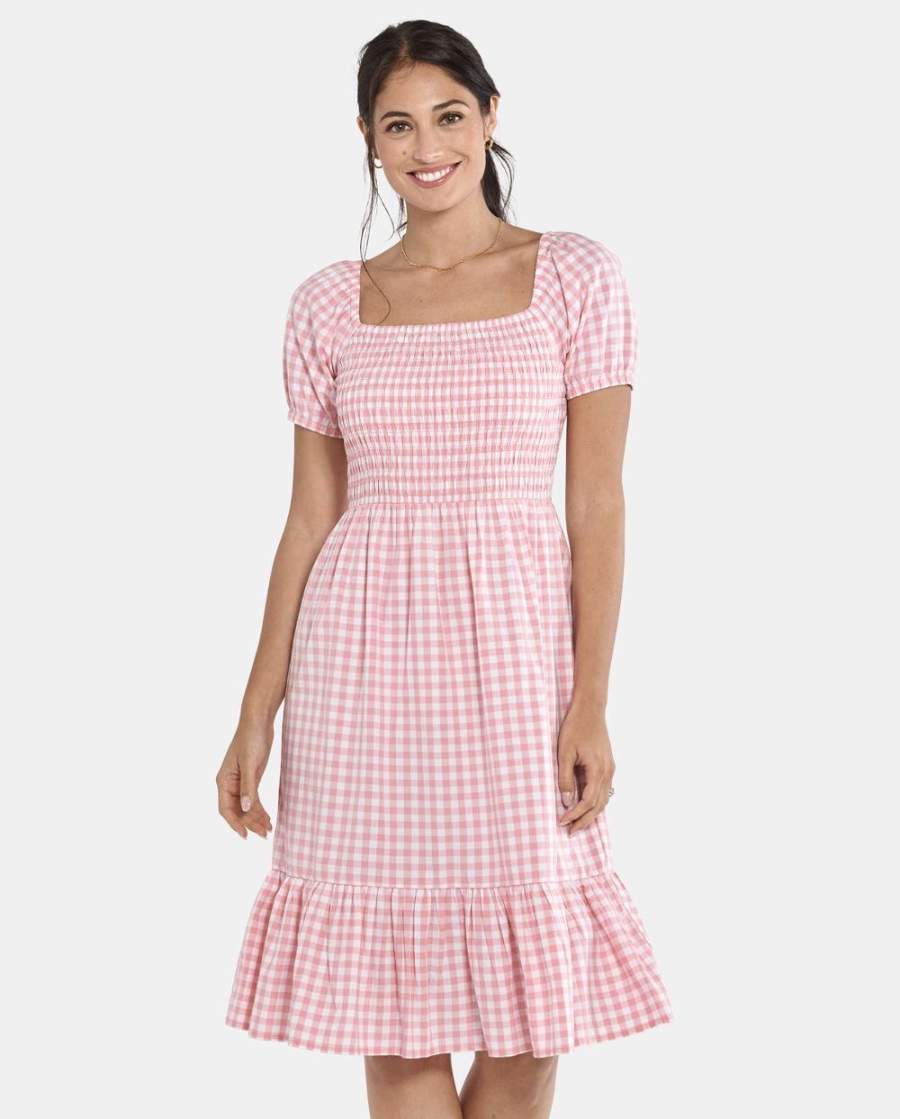 Above the Knee Tiered Checkered Gingham Print Puff Sleeves Sleeves Smocked Square Neck Dress