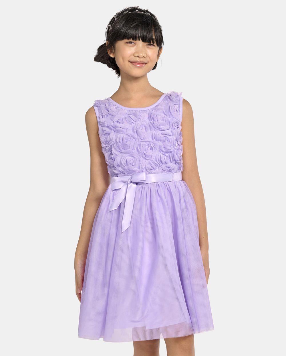 Girls Tie Waist Waistline Mesh Fitted Self Tie Belted Crew Neck Above the Knee Fit-and-Flare Sleeveless Dress