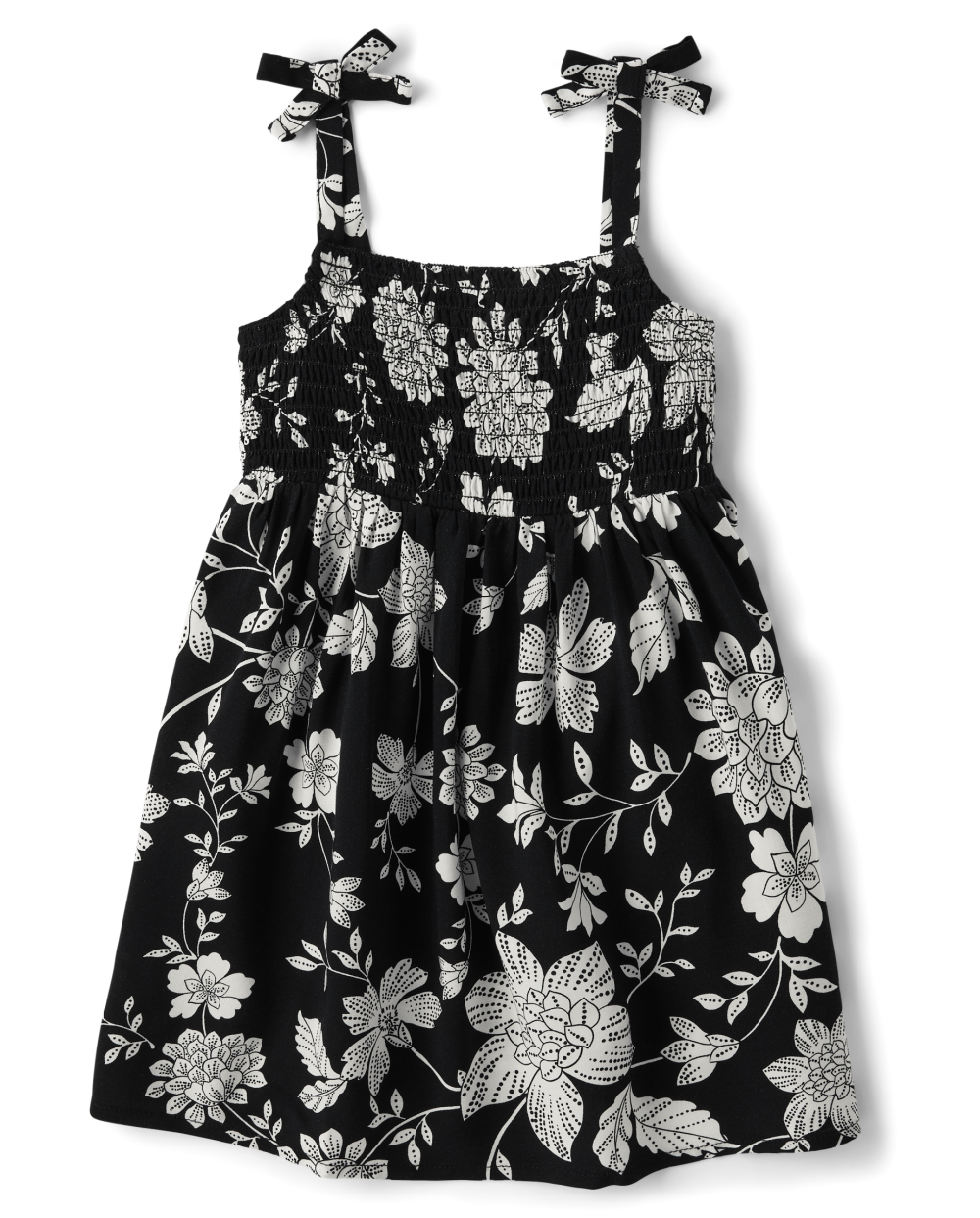 Toddler Smocked Square Neck Rayon Sleeveless Above the Knee Floral Print Dress With a Bow(s)