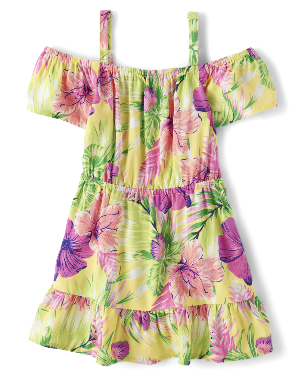 Toddler Baby Above the Knee Rayon Tropical Print Cold Shoulder Short Sleeves Sleeves Off the Shoulder Dress With Ruffles