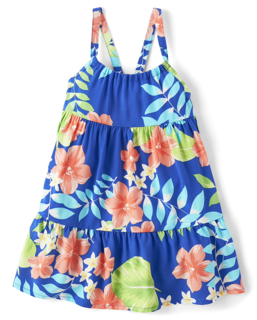 Toddler Tropical Print Tiered Above the Knee Rayon Crew Neck Sleeveless Dress