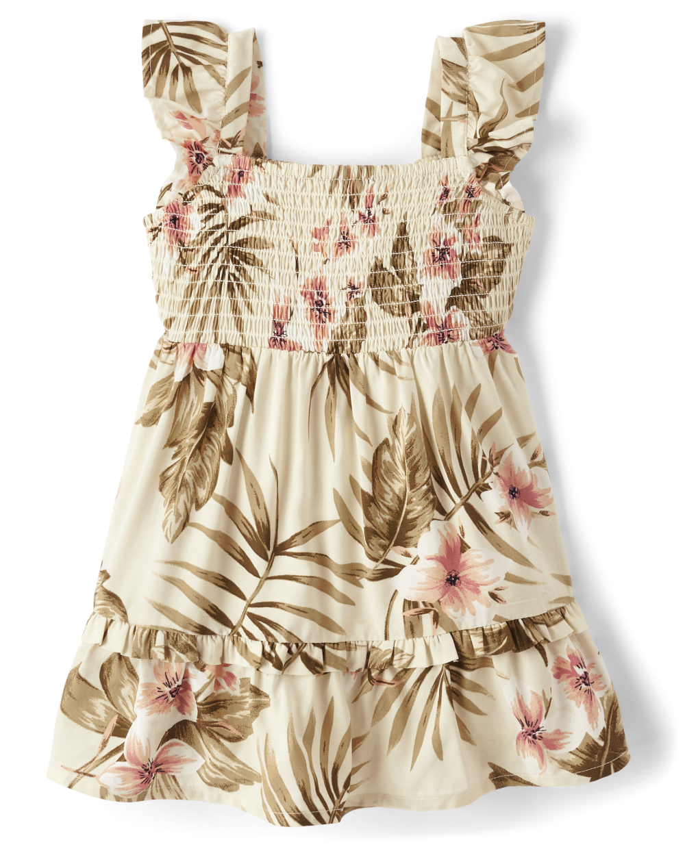 Toddler Above the Knee Flutter Sleeves Sleeveless Tropical Print Rayon Smocked Square Neck Dress With Ruffles
