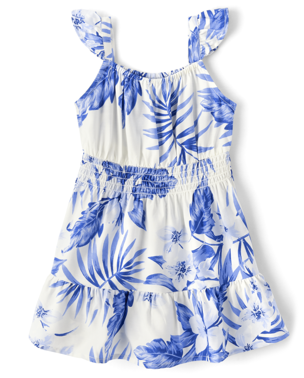 Toddler Rayon Smocked Square Neck Flutter Sleeves Sleeveless Above the Knee Tropical Print Dress With Ruffles