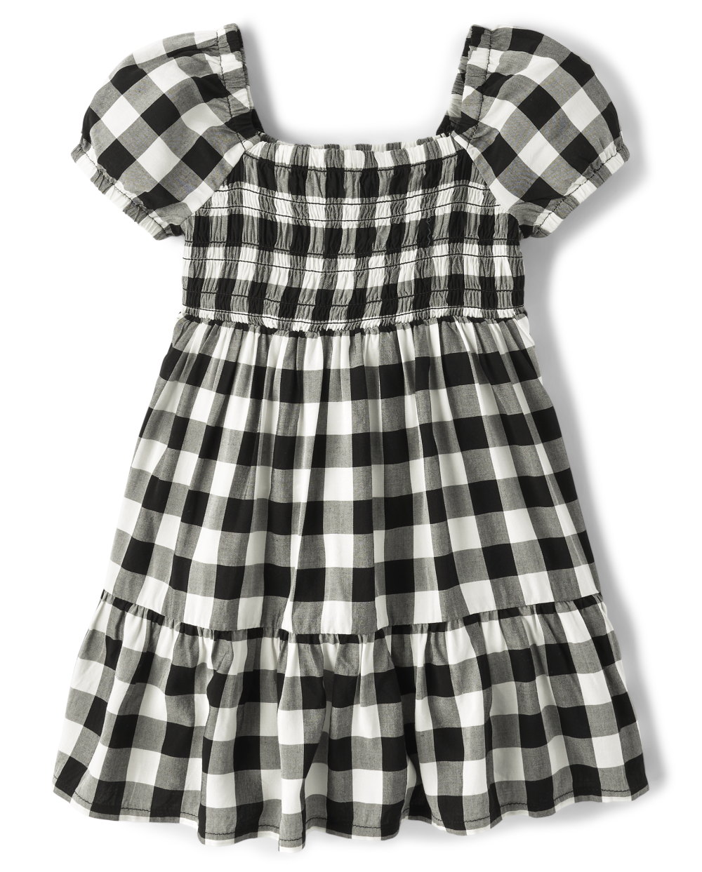 Toddler Puff Sleeves Short Sleeves Sleeves Rayon Above the Knee Checkered Gingham Print Smocked Square Neck Dress With Ruffles