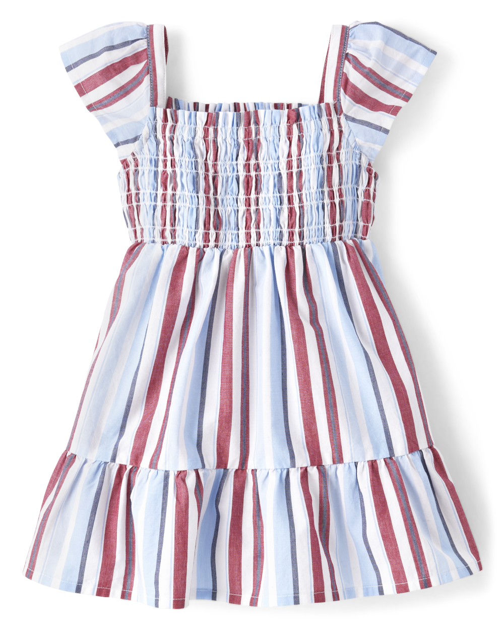 Toddler Smocked Square Neck Above the Knee Striped Print Flutter Sleeves Sleeveless Dress With Ruffles