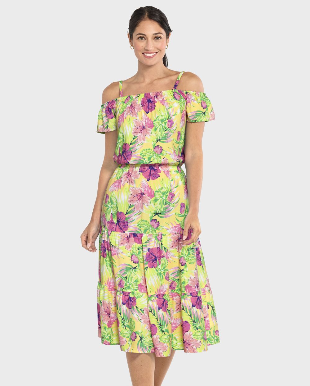 Rayon Tiered Tropical Print Cold Shoulder Short Sleeves Sleeves Off the Shoulder Midi Dress
