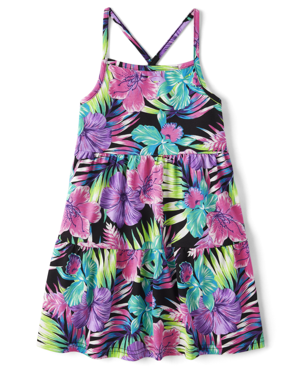 Girls Above the Knee Square Neck Tiered Sleeveless General Print Dress