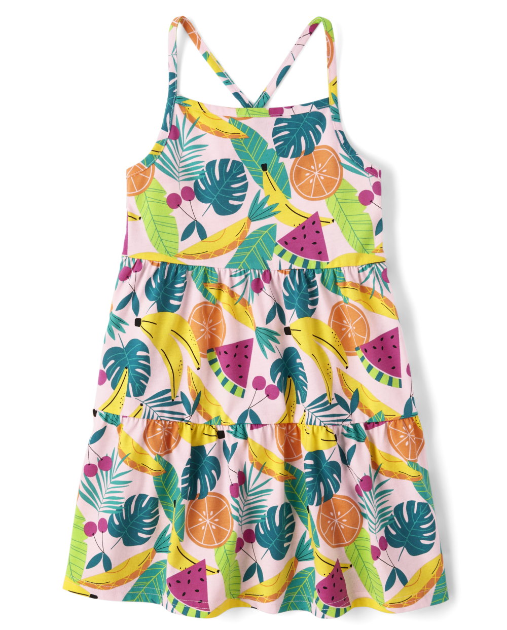 Girls General Print Above the Knee Tiered Square Neck Sleeveless Dress