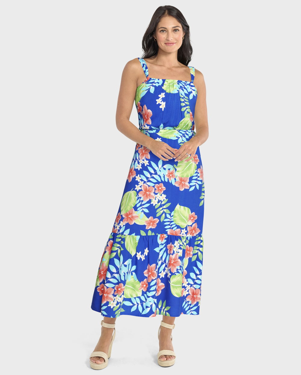 Rayon Sleeveless Tiered Crew Neck Tropical Print Midi Dress