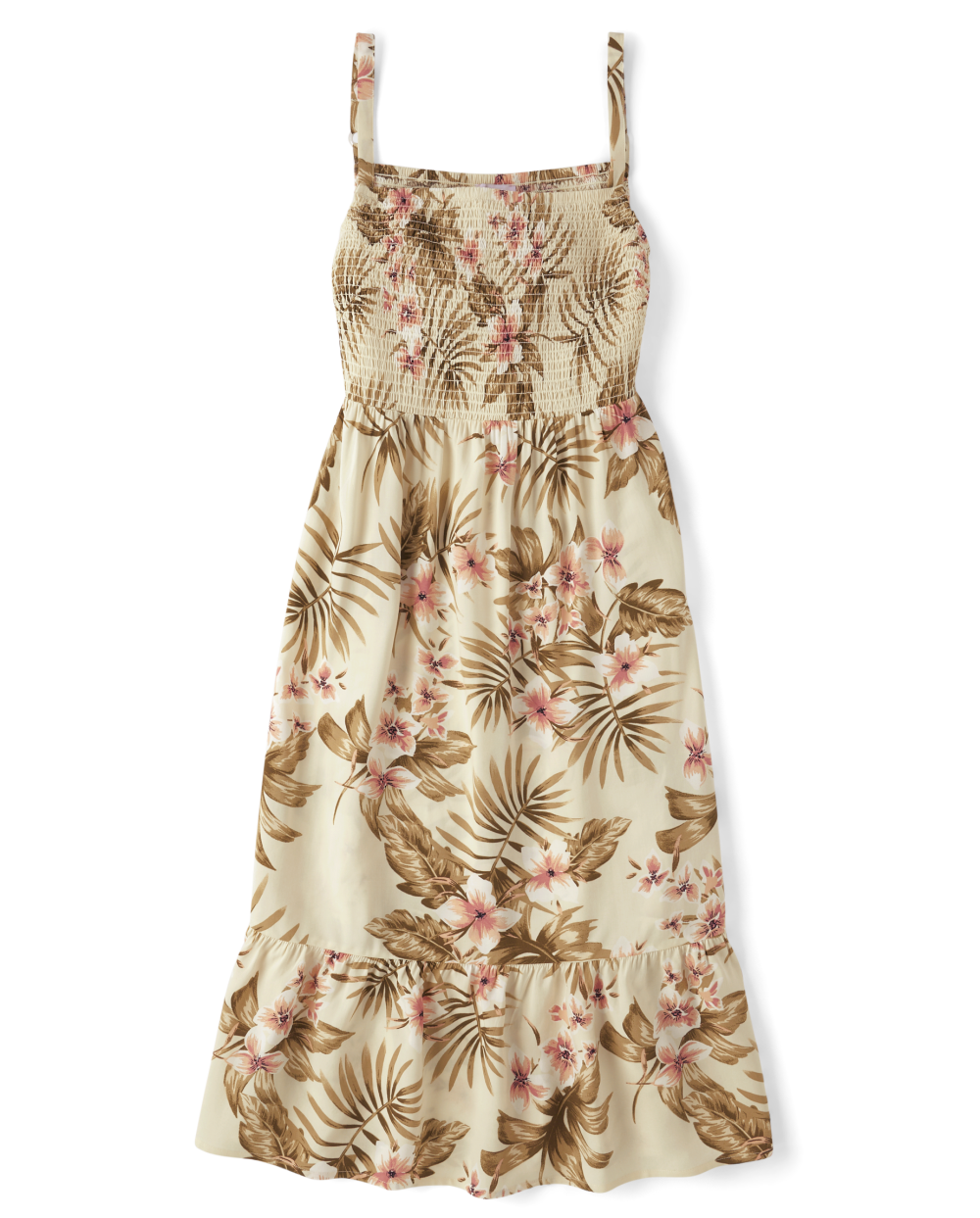 Smocked Square Neck Floral Tropical Print Tiered Rayon Sleeveless Midi Dress