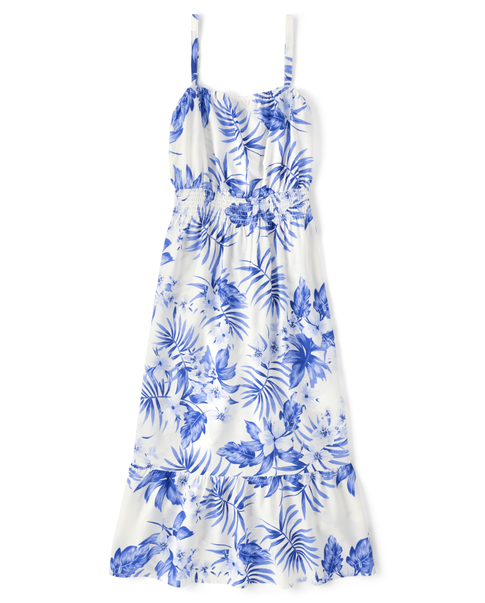 Square Neck Floral Tropical Print Sleeveless Rayon Midi Dress With Ruffles