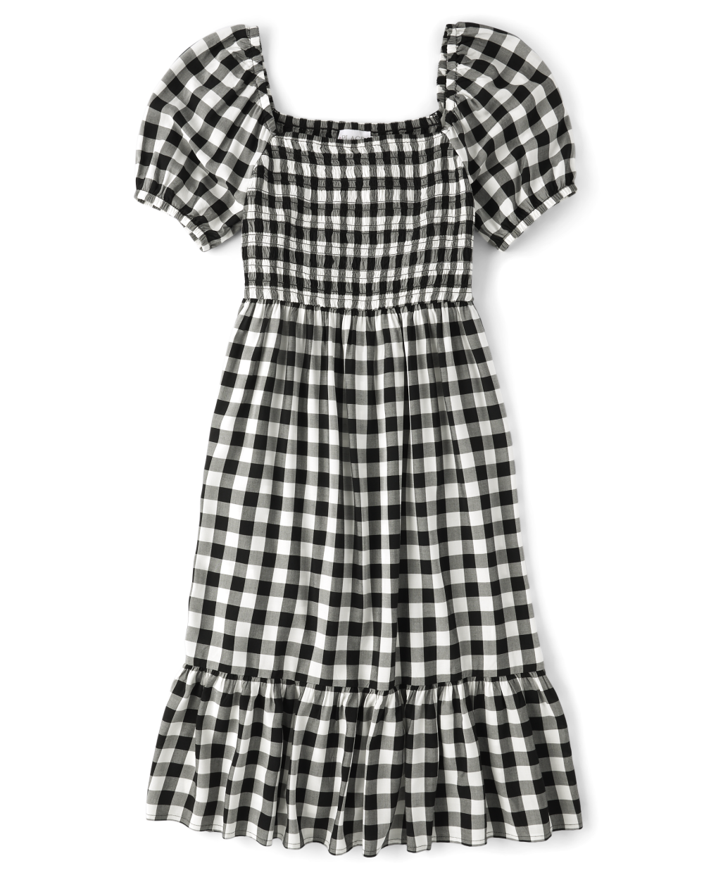 Checkered Gingham Print Puff Sleeves Short Sleeves Sleeves Rayon Above the Knee Smocked Square Neck Dress With Ruffles