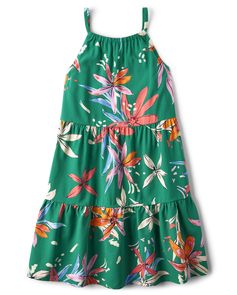 Girls Floral Tropical Print Halter Above the Knee Sleeveless Tiered Dress