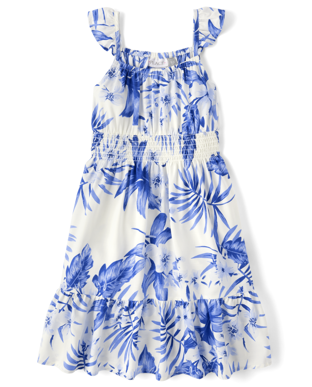 Girls Smocked Square Neck Tropical Print Above the Knee Rayon Flutter Sleeves Sleeveless Dress With Ruffles