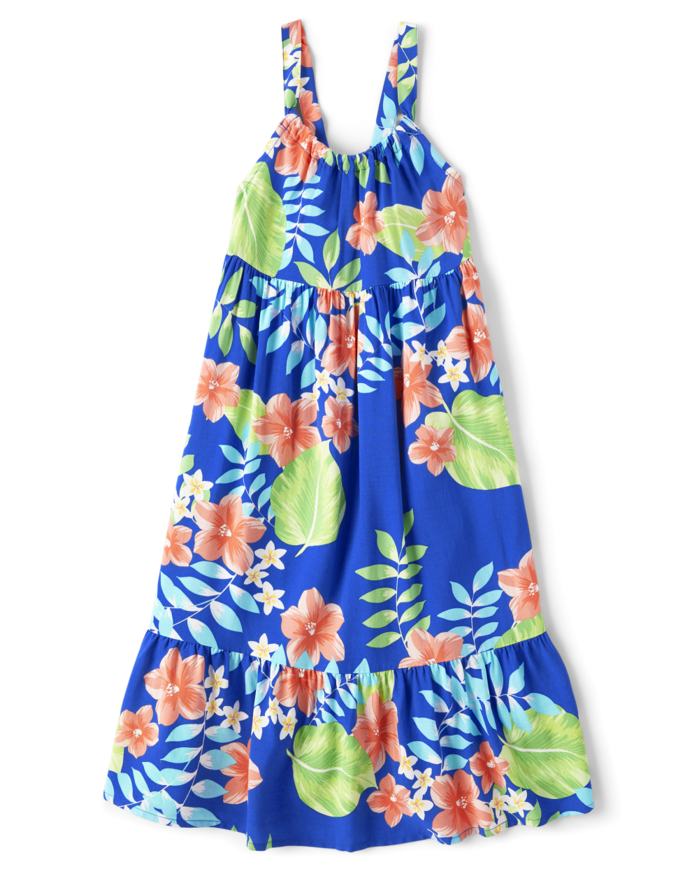 Girls Tropical Print Crew Neck Rayon Tiered Sleeveless Midi Dress