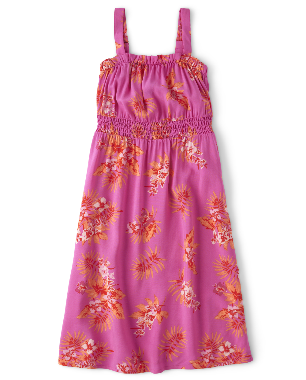 Girls Slit Rayon Square Neck Sleeveless Tank Ruffle Trim Tropical Print Midi Dress