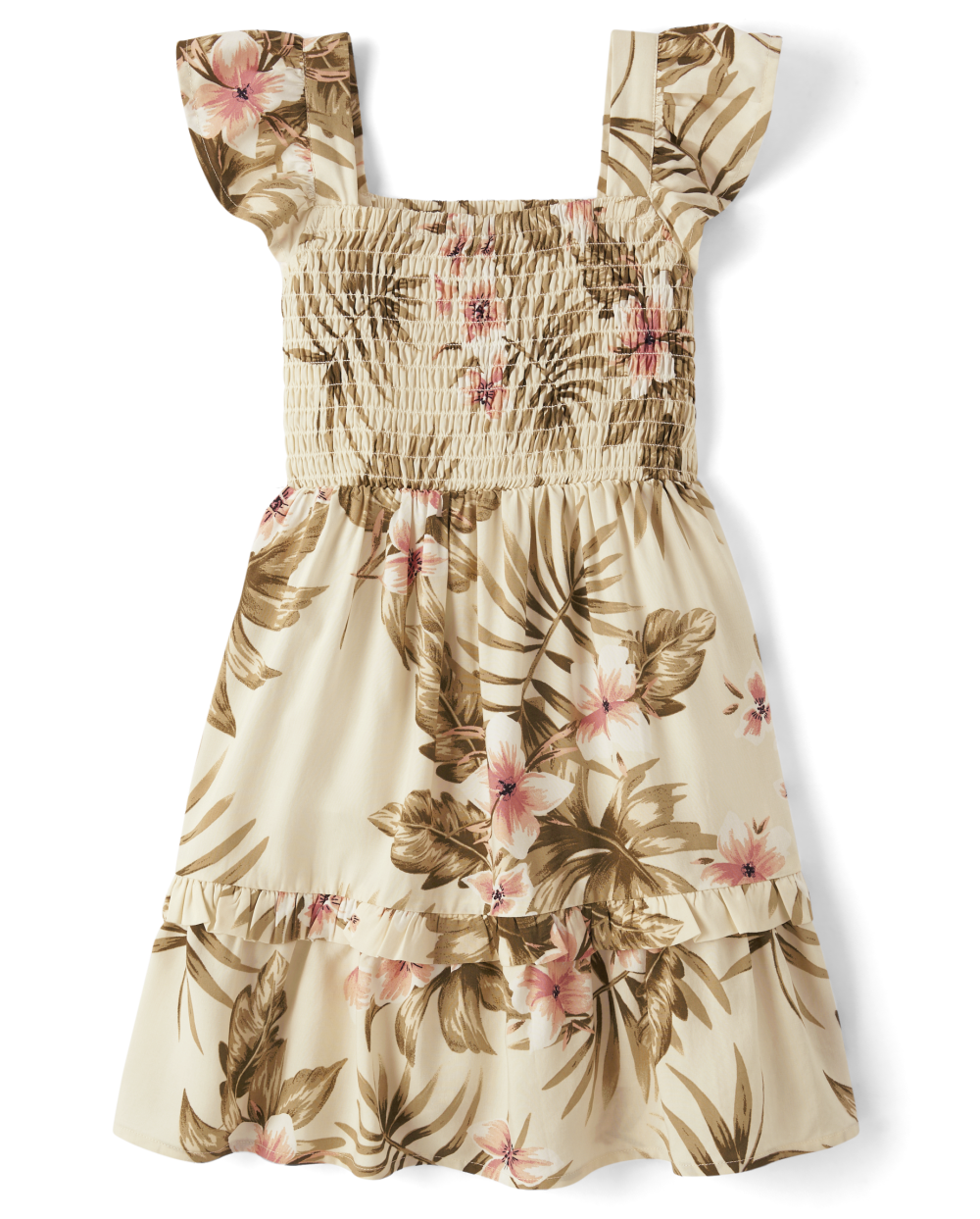 Girls Tropical Print Rayon Smocked Square Neck Flutter Sleeves Sleeveless Above the Knee Dress With Ruffles