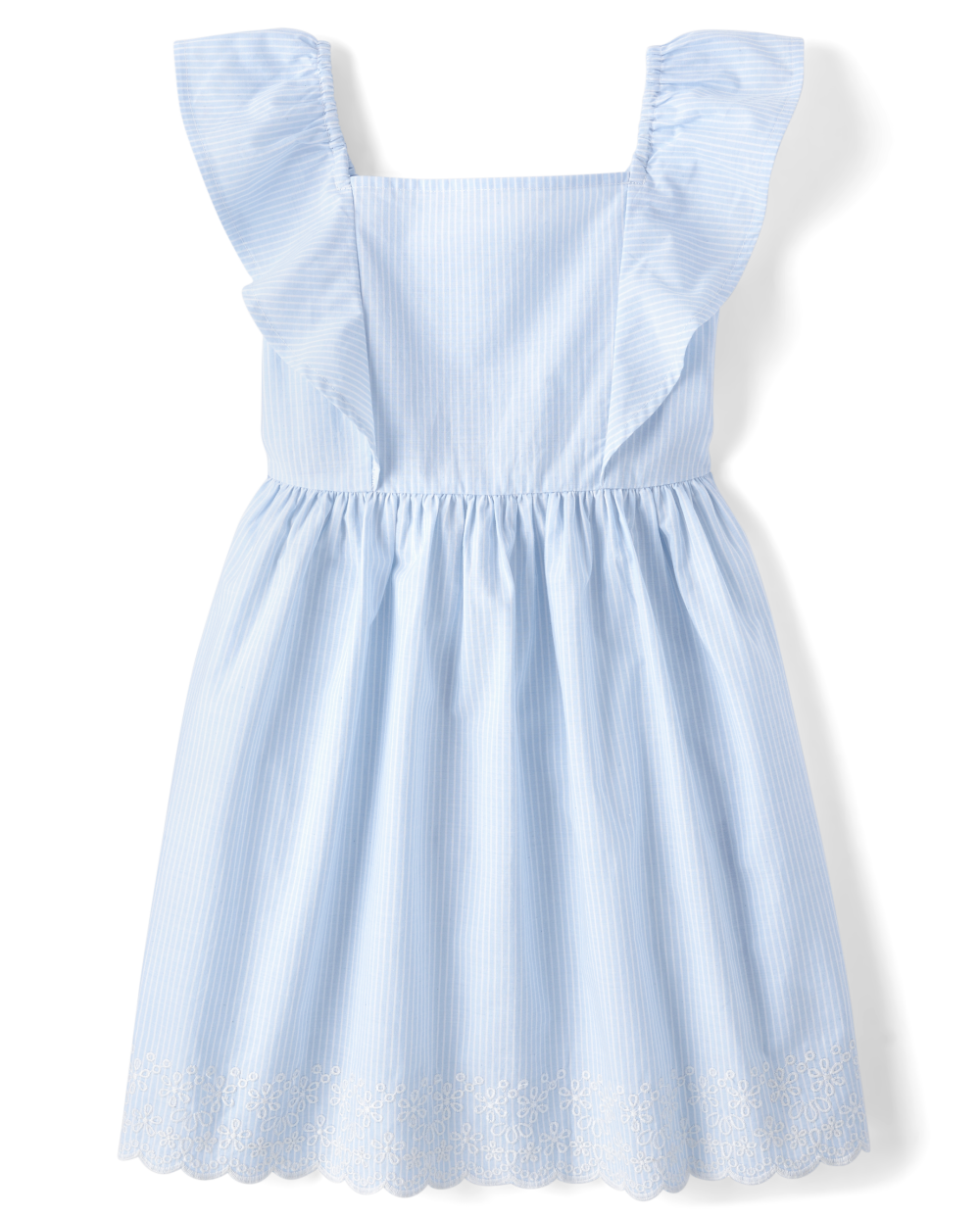 Girls Flutter Short Sleeves Sleeves Fit-and-Flare Above the Knee Striped Print Fitted Square Neck Dress