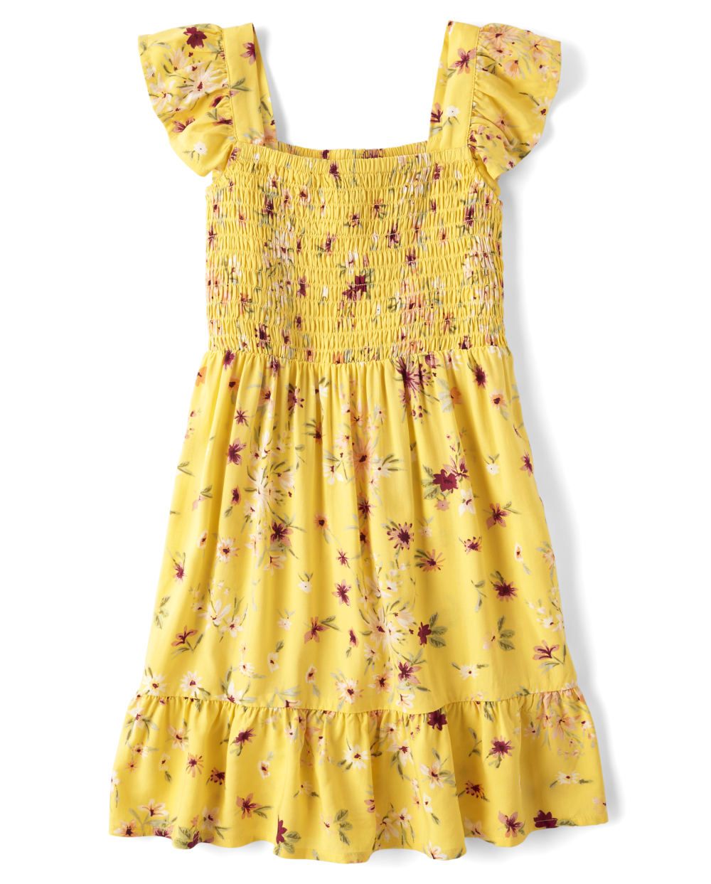 Girls Smocked Square Neck Flutter Sleeves Sleeveless Floral Print Rayon Above the Knee Dress With Ruffles