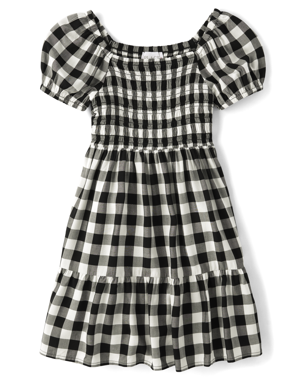 Girls Puff Sleeves Short Sleeves Sleeves Rayon Above the Knee Smocked Square Neck Checkered Gingham Print Dress With Ruffles