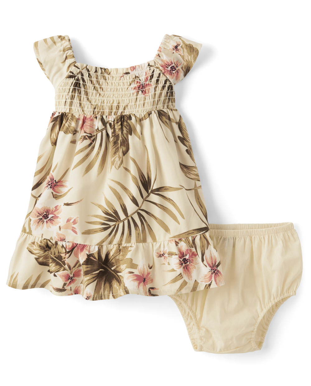 Toddler Elasticized Waistline Flutter Sleeves Sleeveless Tropical Print Smocked Square Neck Above the Knee Dress With Ruffles