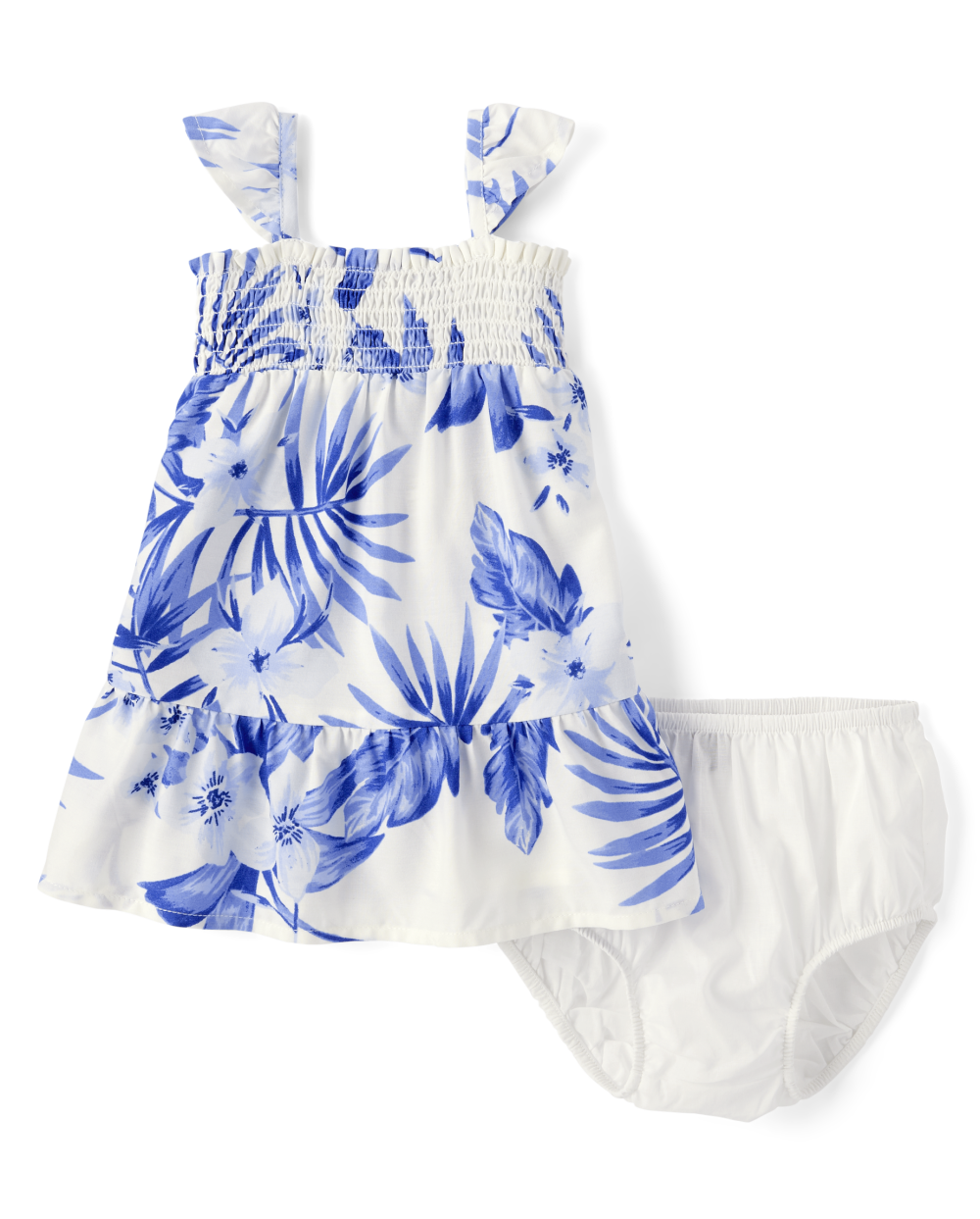 Toddler Elasticized Waistline Smocked Square Neck Flutter Sleeves Sleeveless Above the Knee Tropical Print Dress With Ruffles