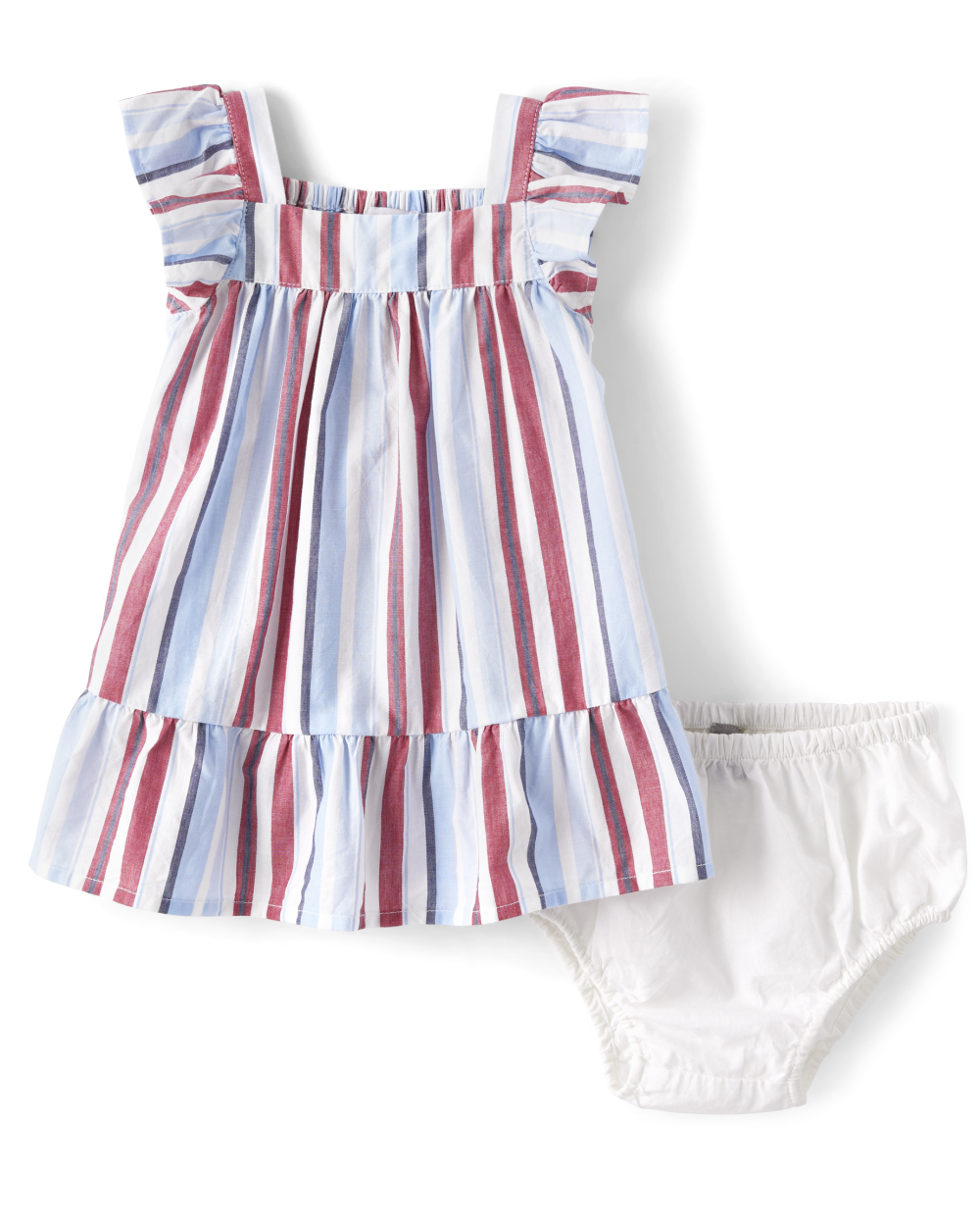 Toddler Striped Print Elasticized Waistline Above the Knee Square Neck Flutter Sleeves Sleeveless Dress With Ruffles