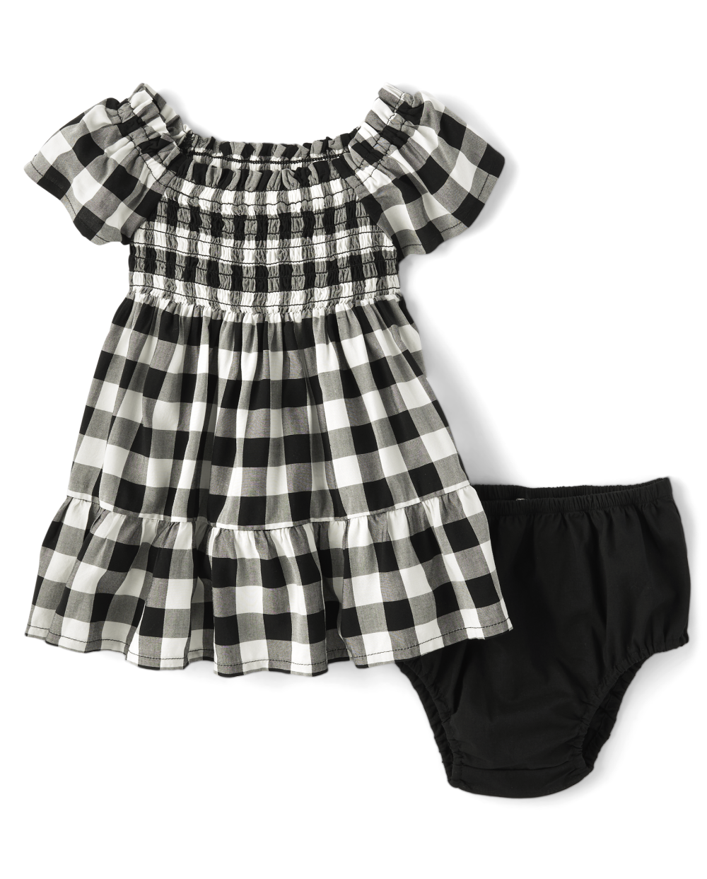 Toddler Above the Knee Short Sleeves Sleeves Checkered Gingham Print Smocked Square Neck Elasticized Waistline Dress With Ruffles