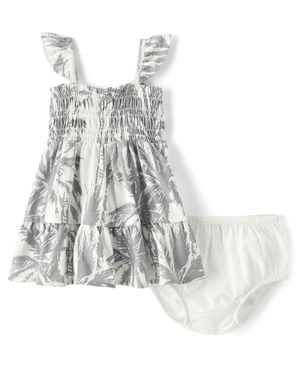 Toddler Flutter Sleeves Sleeveless General Print Above the Knee Elasticized Waistline Smocked Square Neck Dress With Ruffles