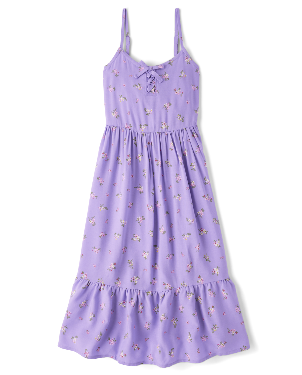 Girls V-neck Lace-Up Smocked Sleeveless Floral Print Rayon Maxi Dress With a Bow(s) and Ruffles