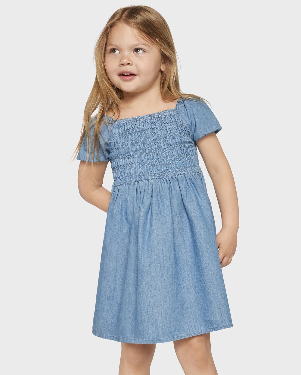 Toddler Above the Knee Smocked Square Neck Puff Sleeves Short Sleeves Sleeves Dress