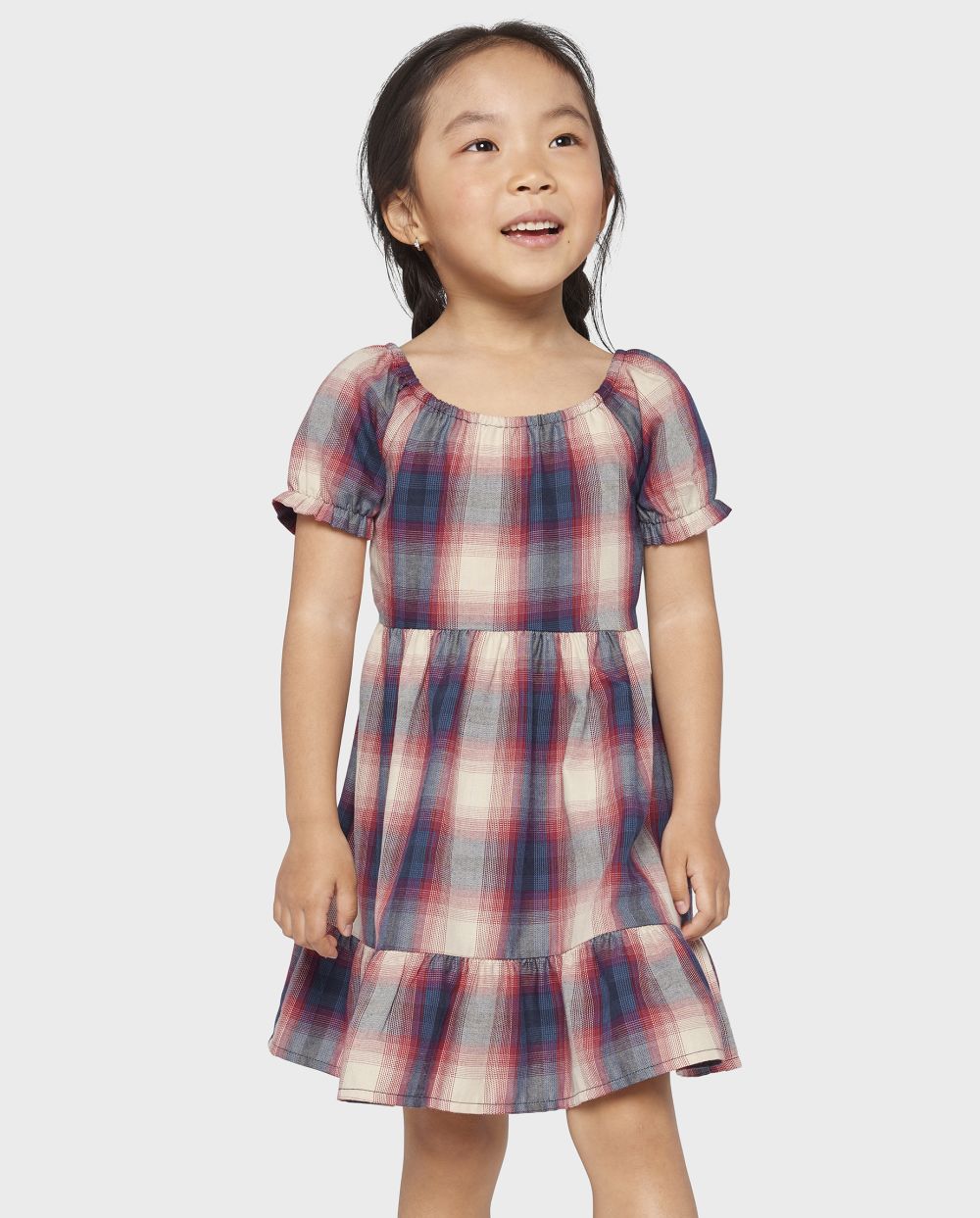 Toddler Baby Above the Knee Plaid Print Round Neck Puff Sleeves Short Sleeves Sleeves Dress With Ruffles