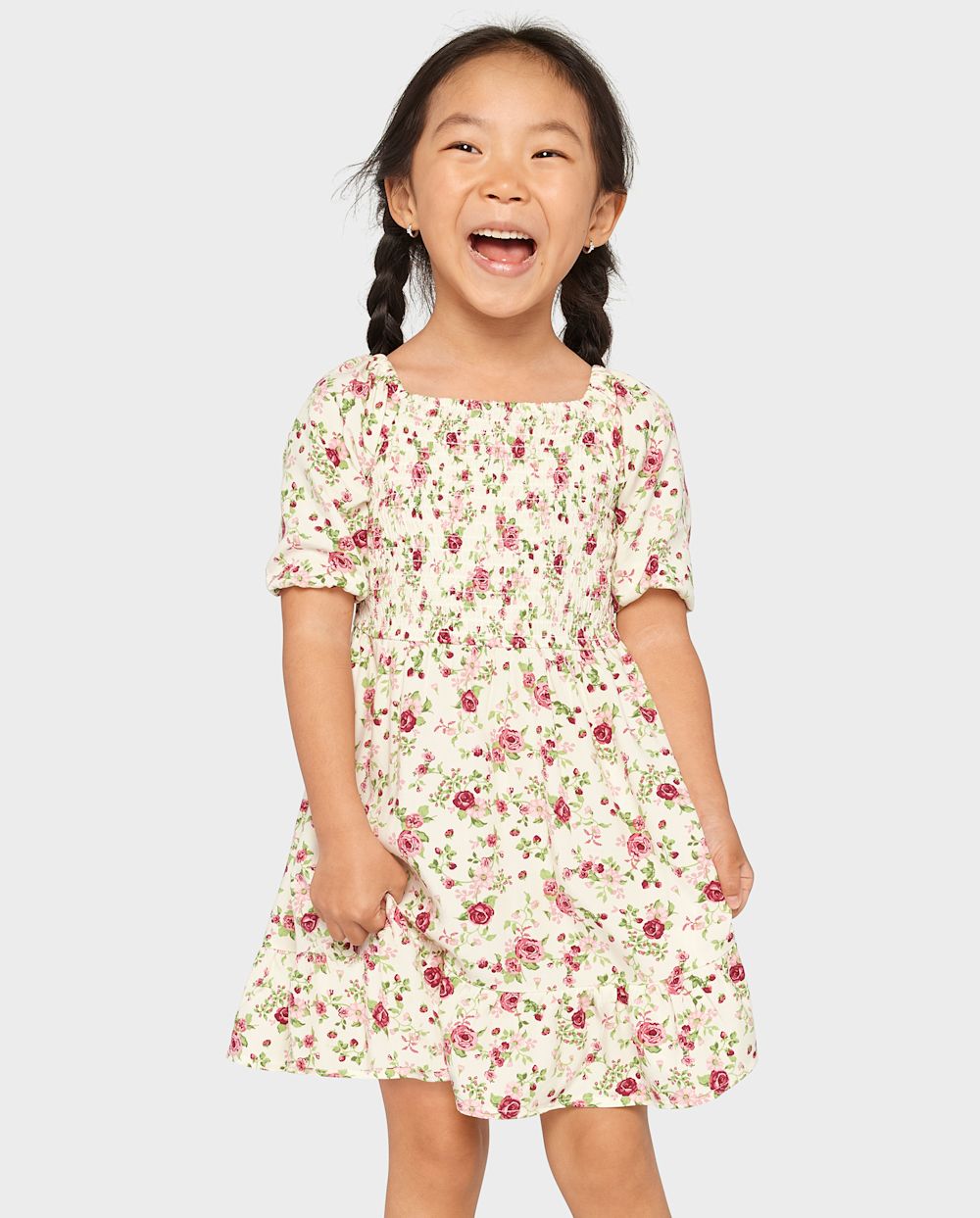Toddler Baby Rayon Floral Print Above the Knee Smocked Square Neck Puff Sleeves Short Sleeves Sleeves Dress With Ruffles