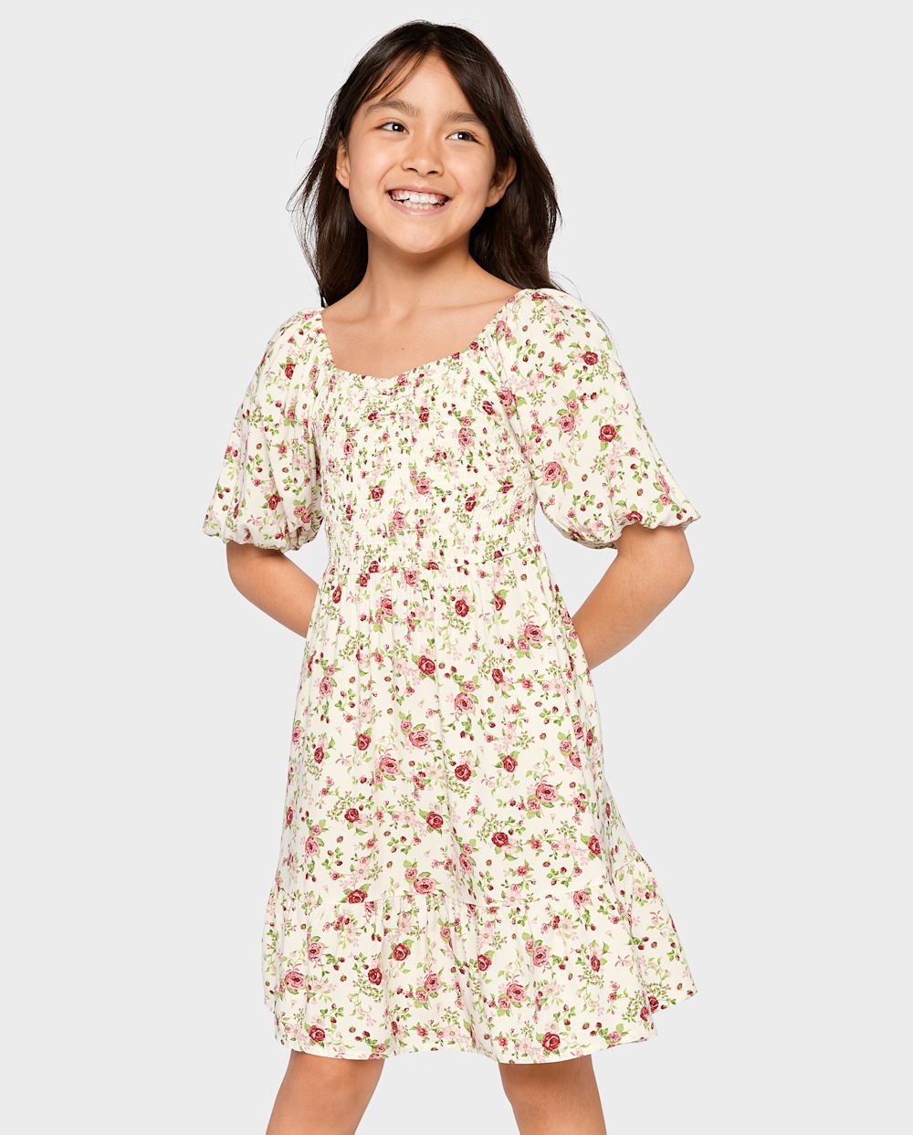 Girls V-neck Above the Knee Smocked Floral Print Long Puff Sleeves Sleeves Ruched Rayon Dress With Ruffles