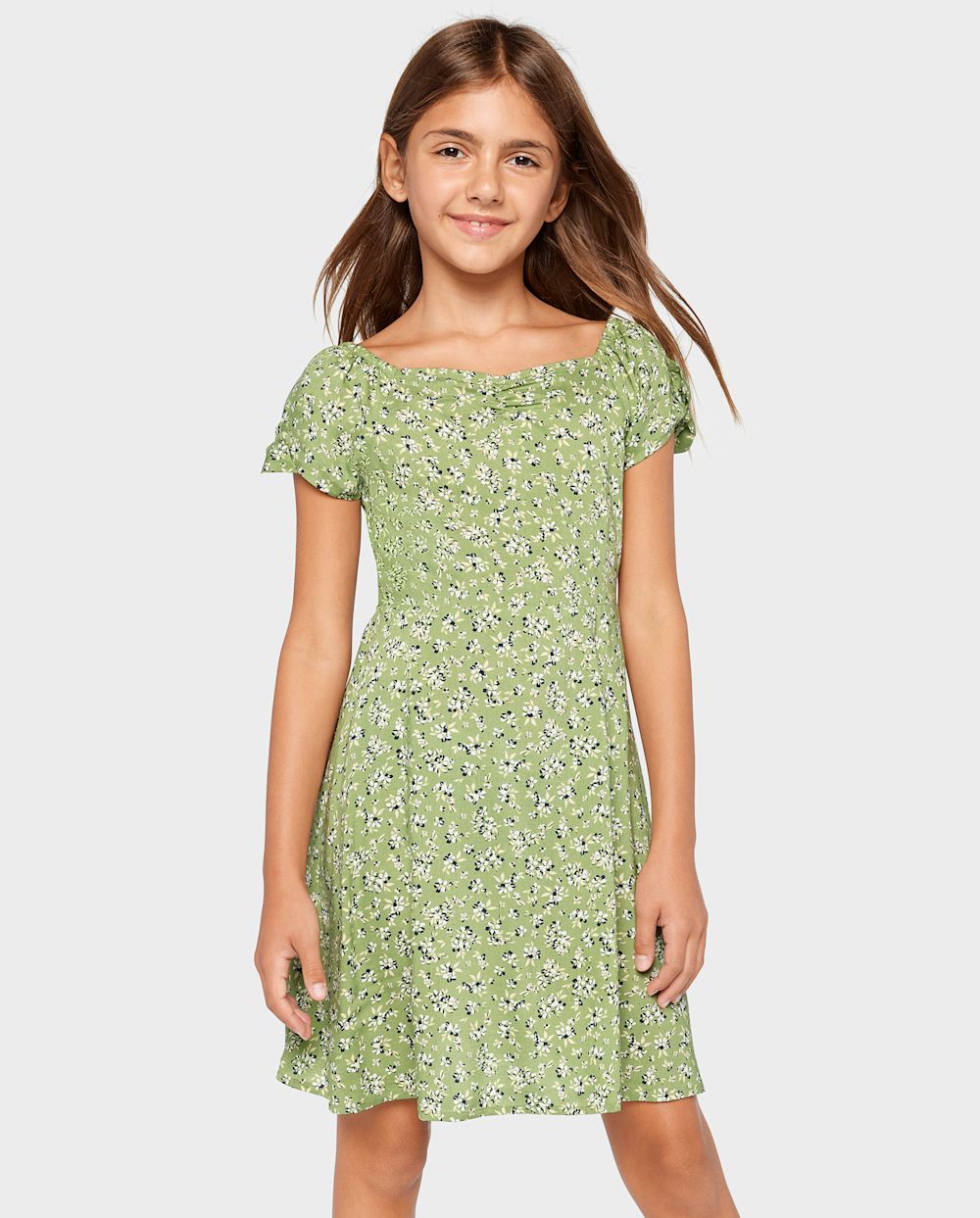 Girls V-neck Above the Knee Ruched Rayon Floral Print Short Sleeves Sleeves Smocked Dress