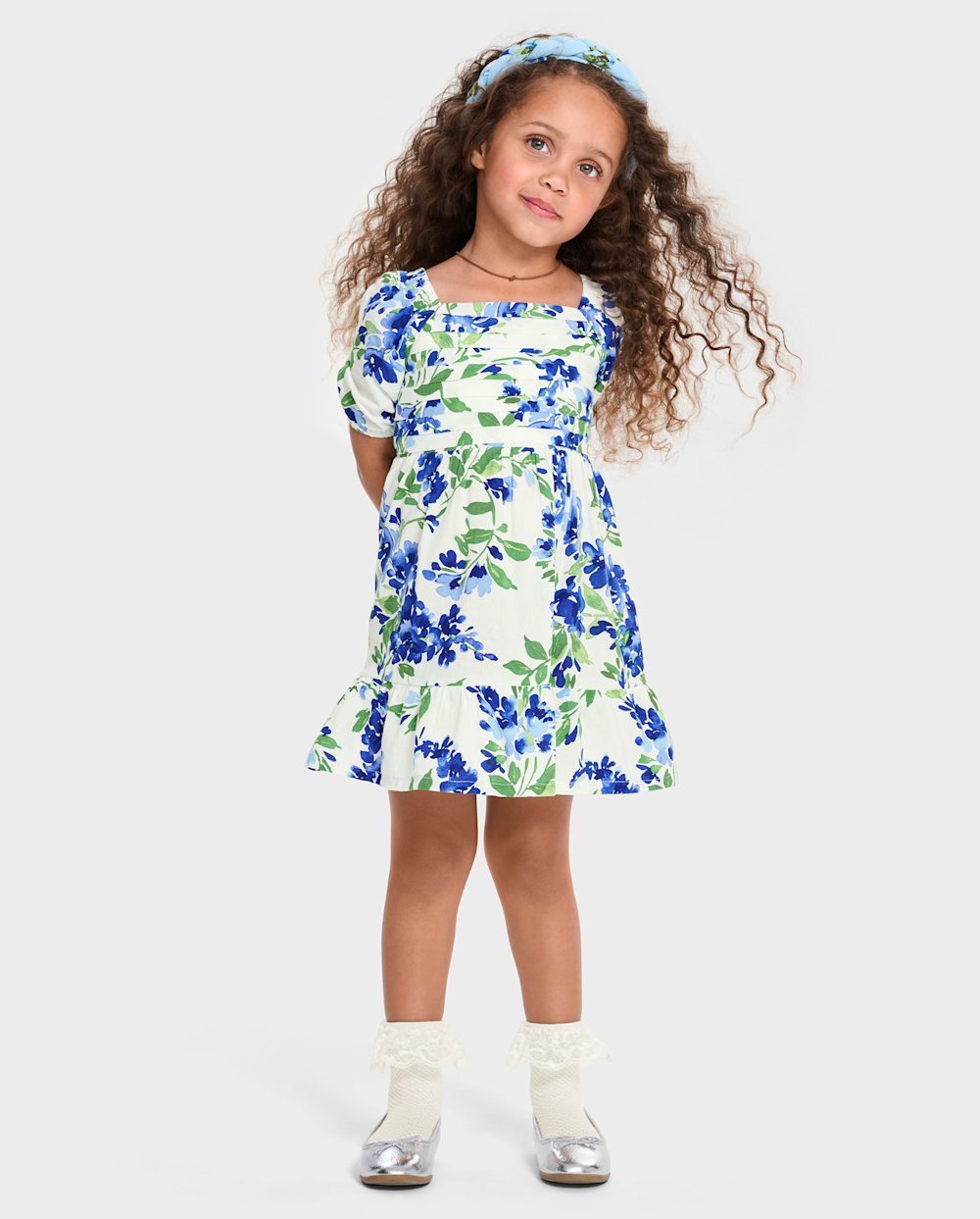 Toddler Floral Print Puff Sleeves Short Sleeves Sleeves Above the Knee Square Neck Pleated Dress With Ruffles