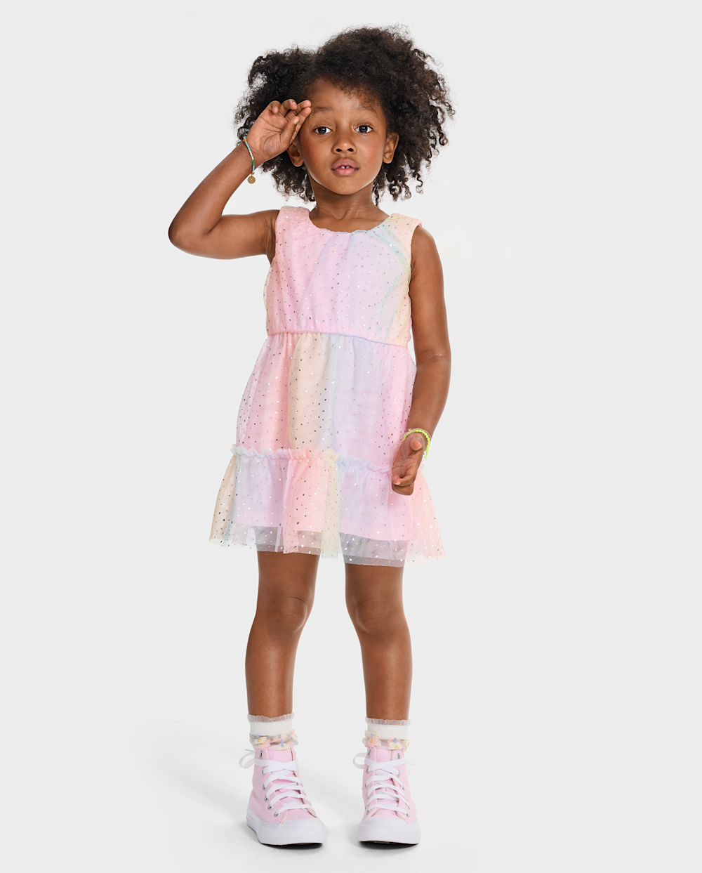 Toddler Tiered Mesh Crew Neck Polyester Above the Knee Sleeveless Dress With Ruffles