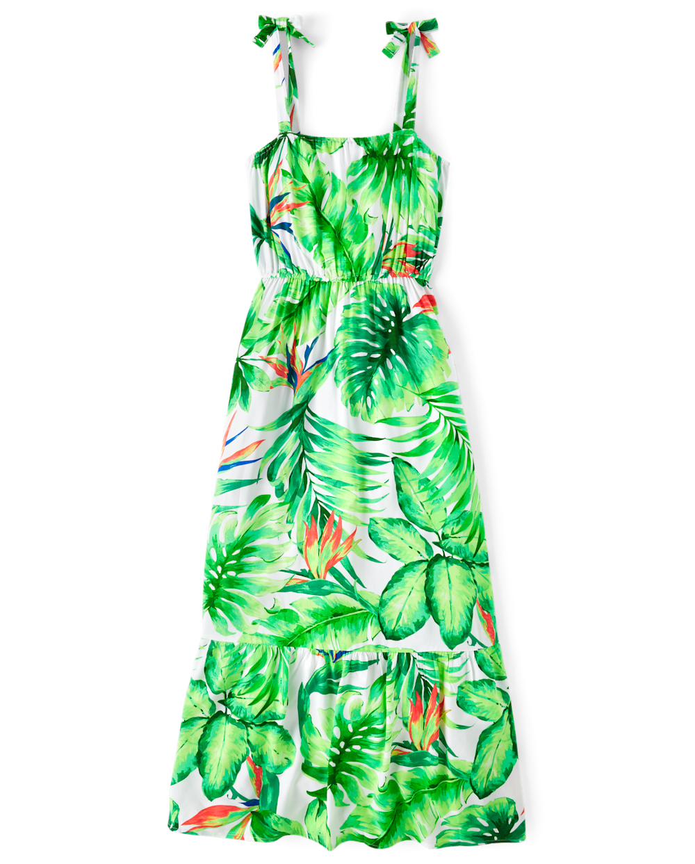 Sleeveless Rayon Ruffle Trim Square Neck Tropical Print Maxi Dress With a Bow(s)