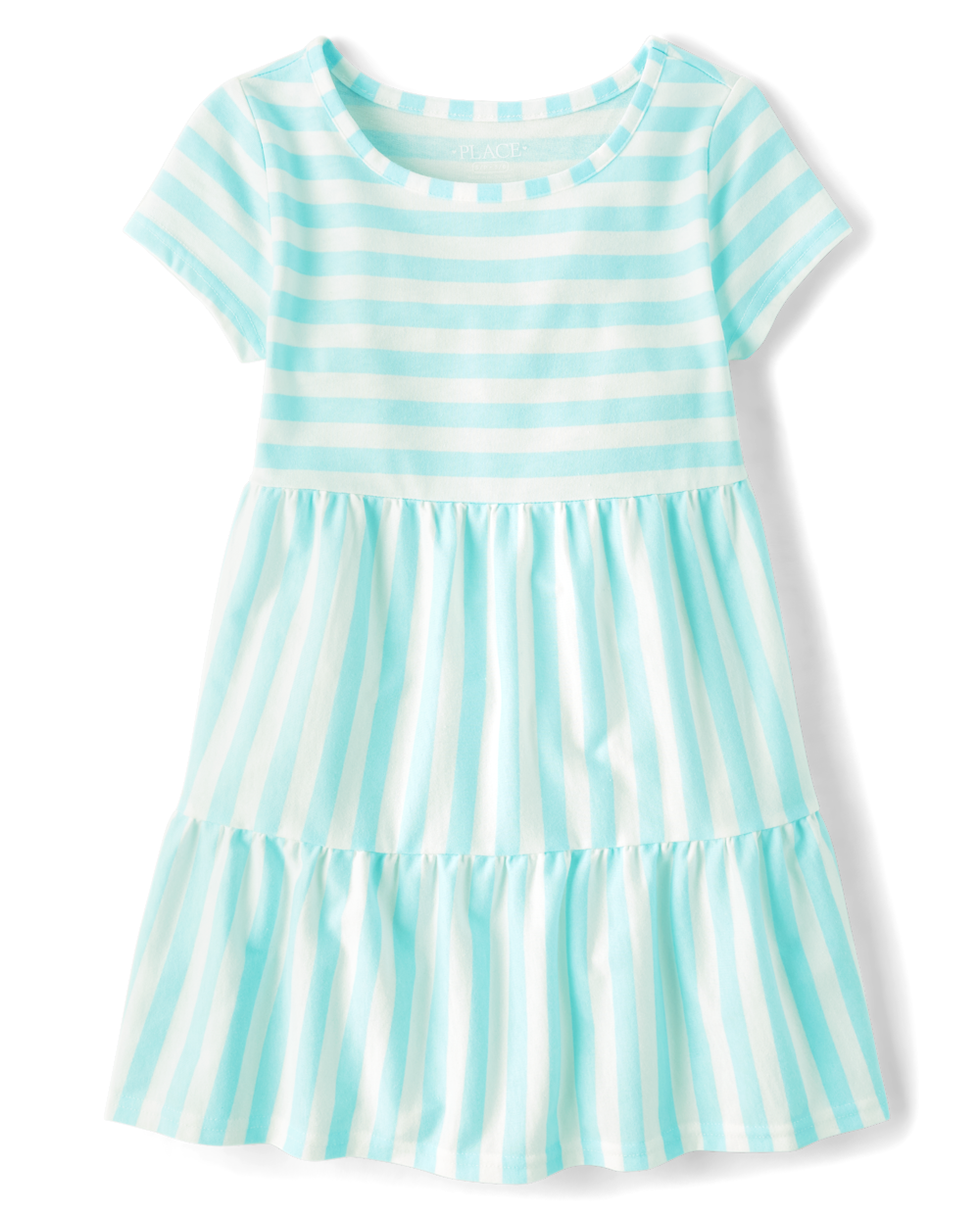 Girls Above the Knee Striped Print Short Sleeves Sleeves Tiered Crew Neck Dress