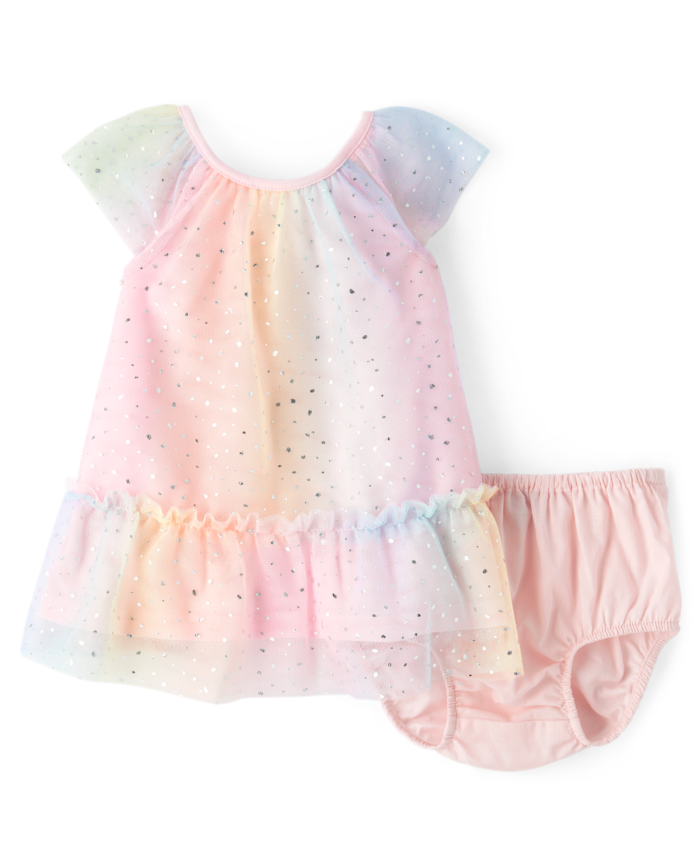 Toddler Crew Neck Elasticized Waistline Above the Knee Mesh Flutter Short Sleeves Sleeves Dress With Ruffles