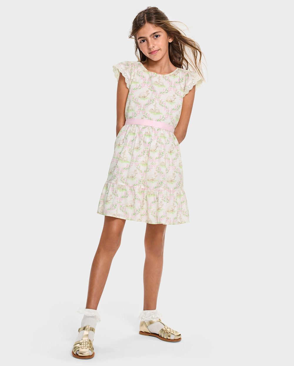 Girls Above the Knee Flutter Short Sleeves Sleeves General Print Cotton Crew Neck Dress With a Sash and Ruffles