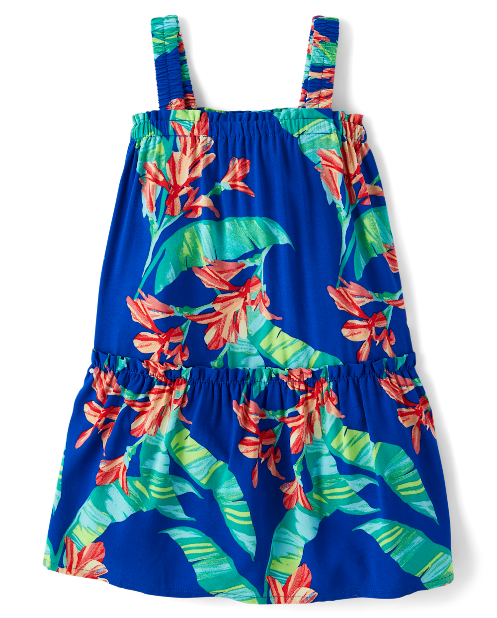 Toddler Tropical Print Above the Knee Swing-Skirt Square Neck Sleeveless Rayon Dress With Ruffles