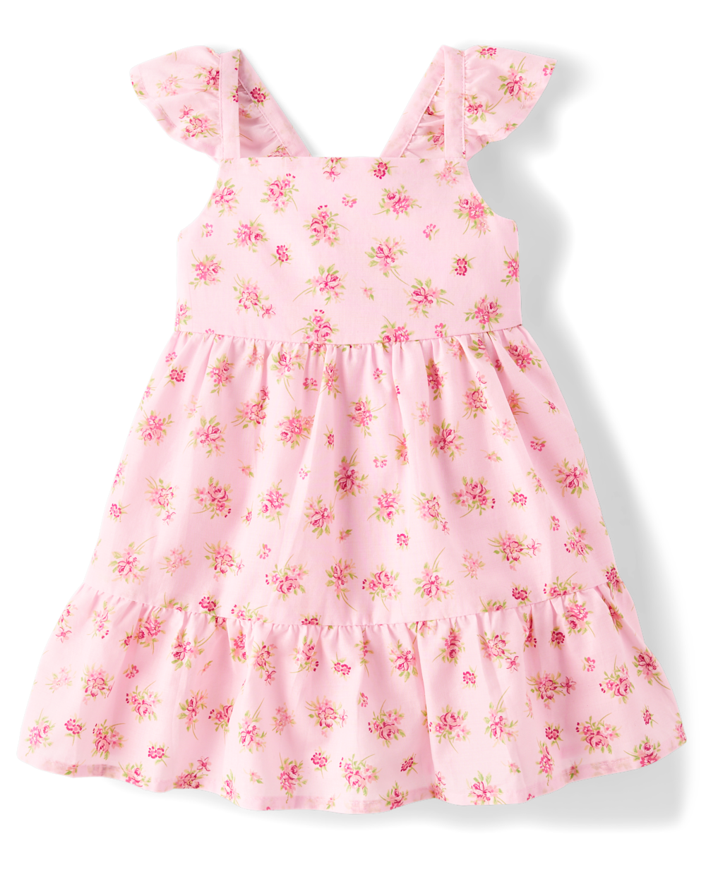 Toddler Square Neck Cotton Above the Knee Flutter Sleeves Sleeveless Floral Print Dress With a Bow(s) and Ruffles