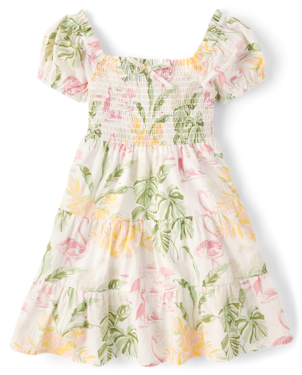 Girls Tiered Above the Knee Tropical Print Ruffle Trim Puff Sleeves Short Sleeves Sleeves Cotton Smocked Square Neck Dress