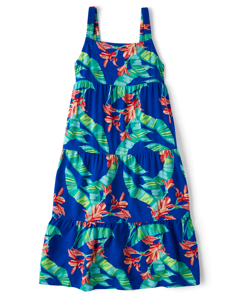 Girls Sleeveless Tiered Rayon Square Neck Tropical Print Midi Dress