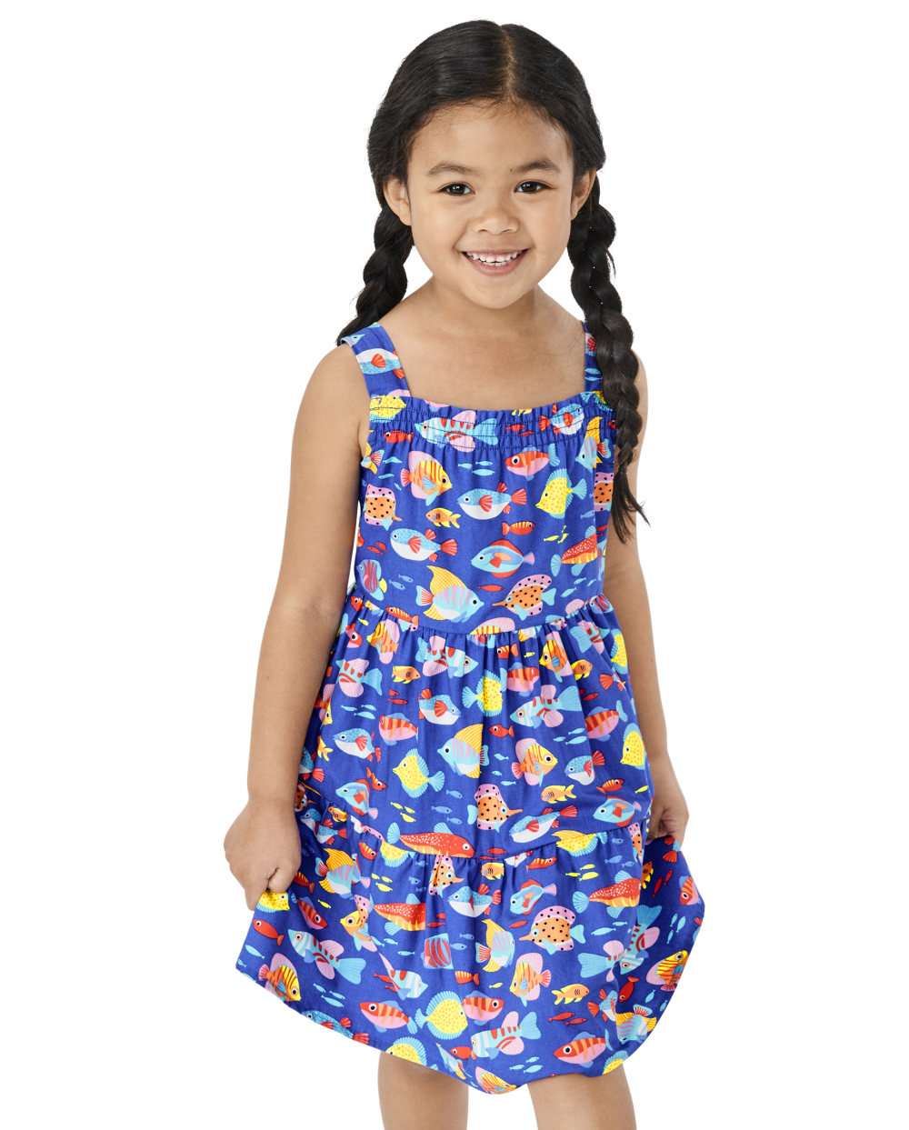 Gymboree | Girls | Fish Tiered Dress – Splish-Splash in Blue | Size 12-18 M | 100% Cotton Poplin