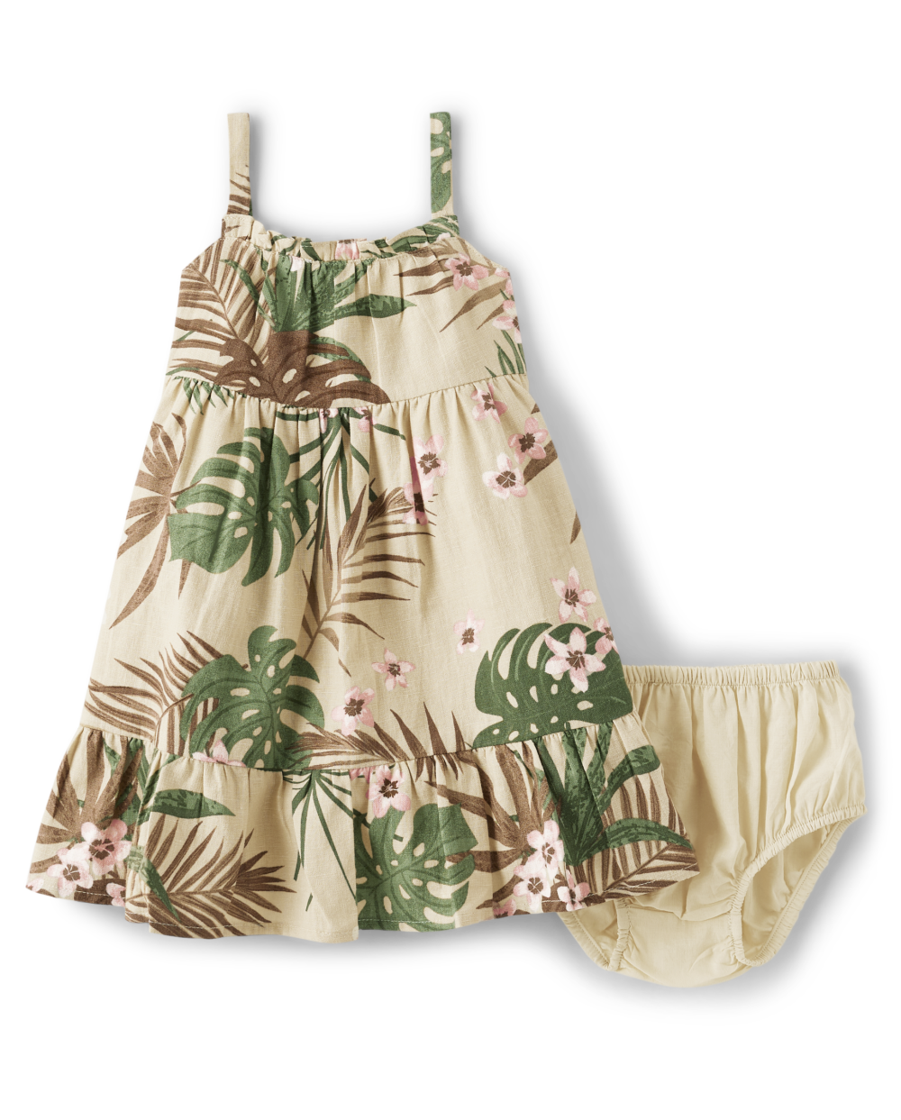 Gymboree | Girls | Baby Matching Family Palm Ruffle Dress – Safari in Tan | Size 3-6 M | 100% Cotton