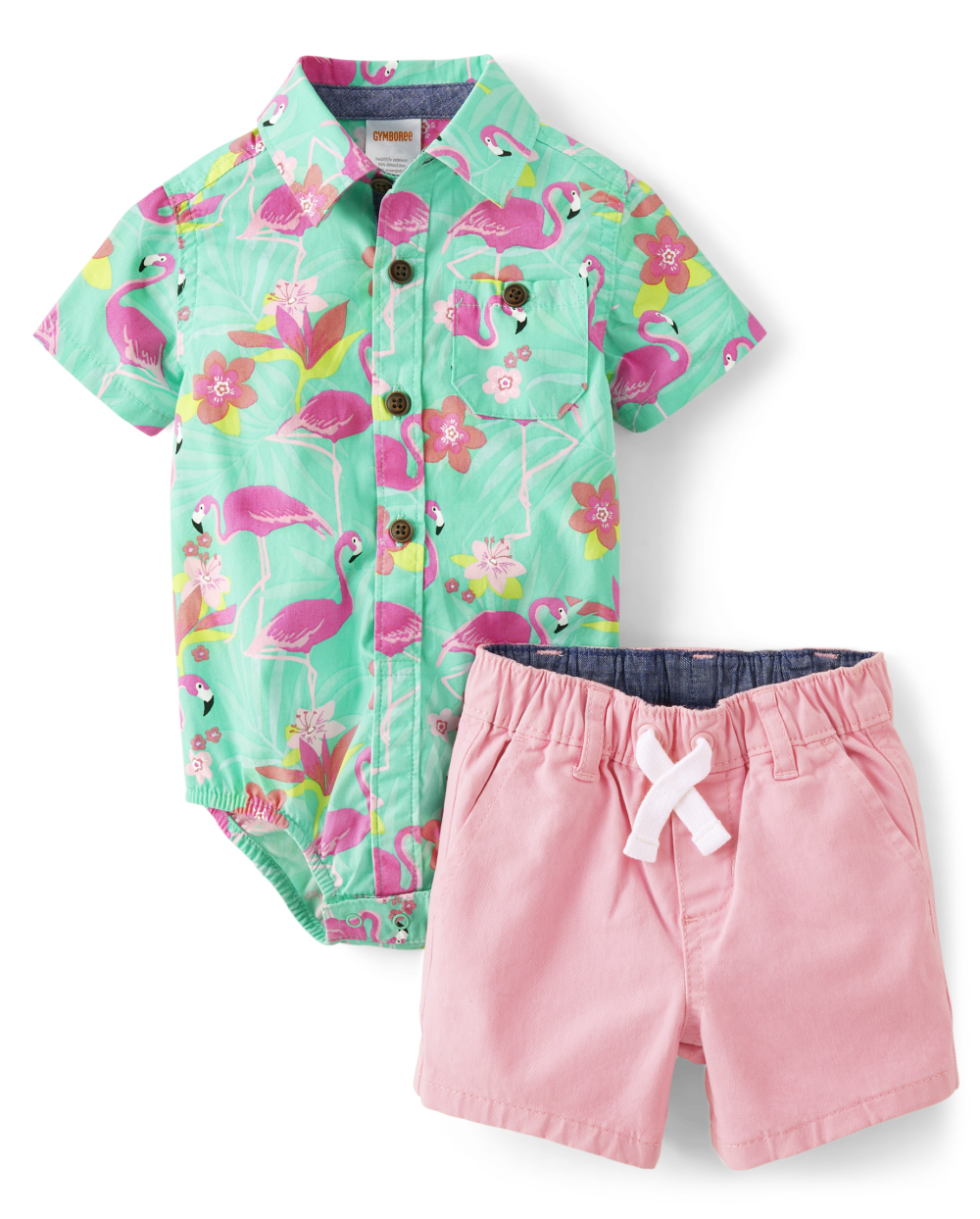 Gymboree | Boys | Baby Matching Family Flamingo Button Up Bodysuit And Pull On Chino Shorts Set - Tropical Paradise | Size 0-3 M | 100% Cotton Poplin