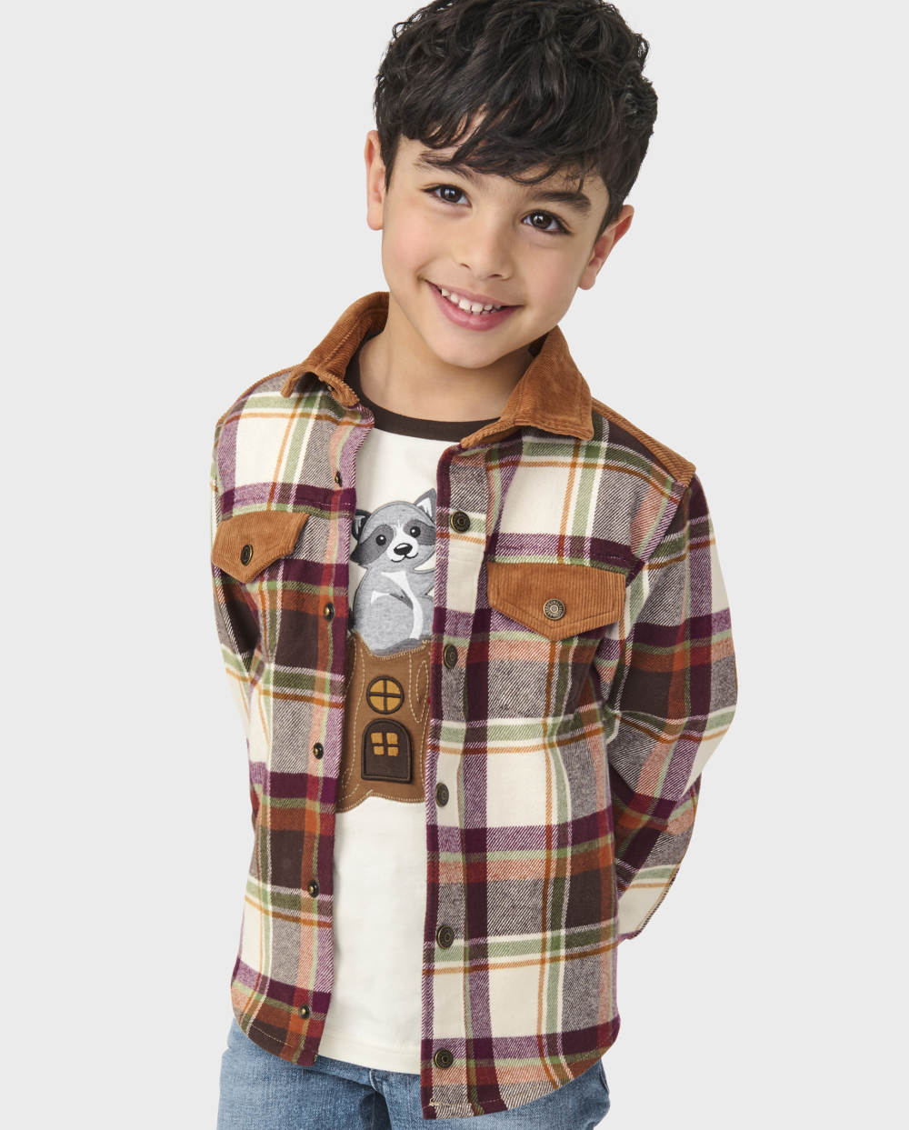 Gymboree | Boys | Plaid Flannel Shirt Jacket – Enchanted Forest in White | Size 6 | 100% Cotton Corduroy