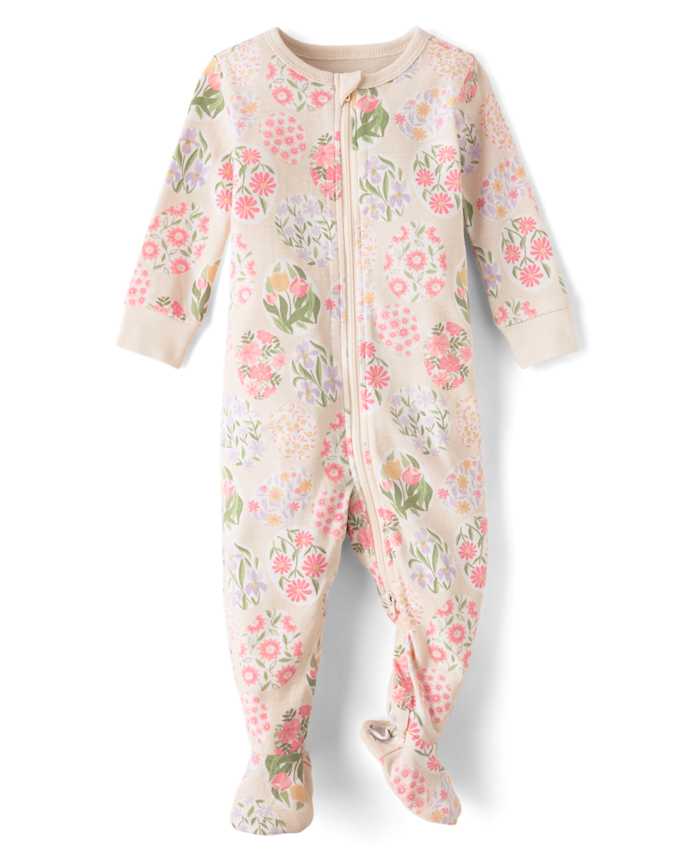 Gymboree | Girls | Baby Floral Easter Egg Snug Fit Cotton Footed One Piece Pajamas - Gymmies in White | Size 9-12 M